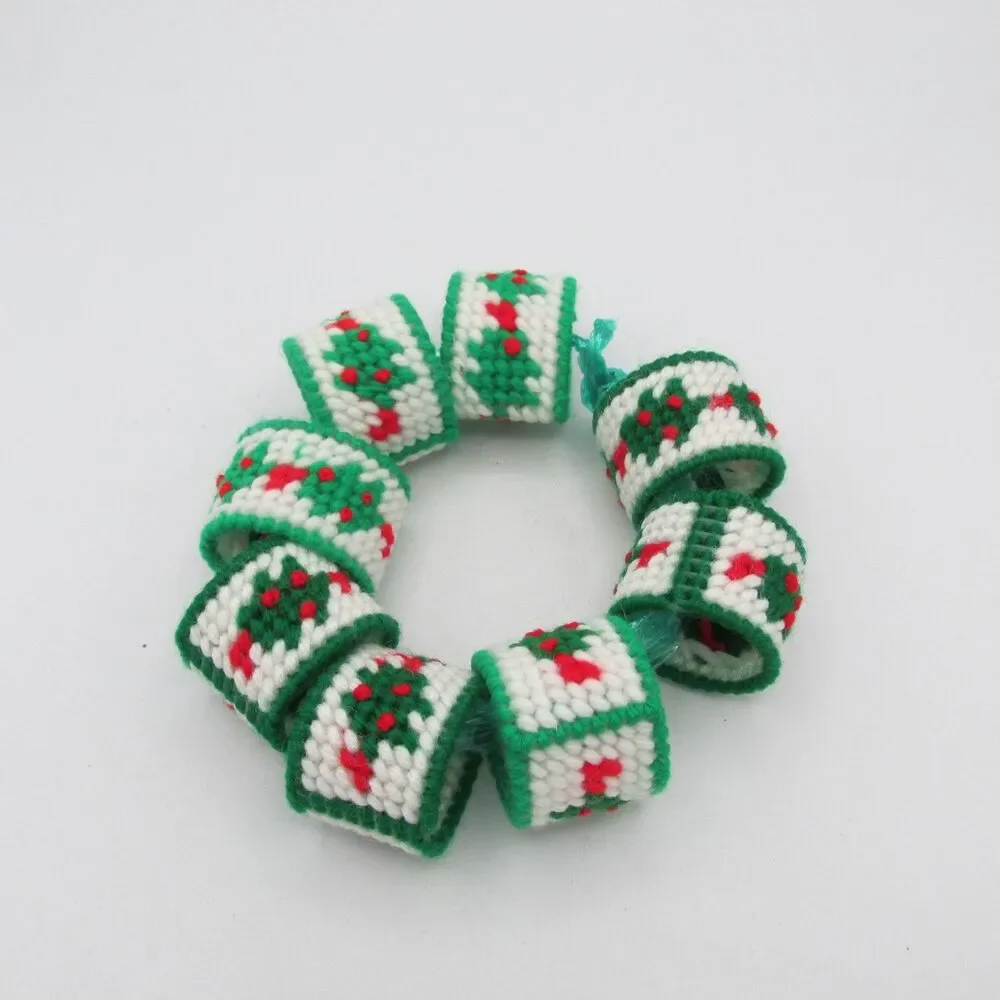 Vintage Christmas Napkin Rings Handmade Plastic Canvas Holly  Set of 8